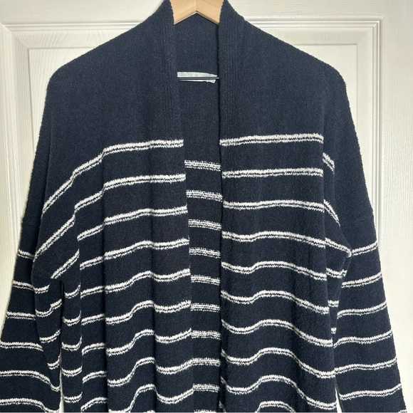 Vince Boucle Womens Black White Striped Cardigan Open Front Medium Coastal *Flaw - Picture 3 of 13
